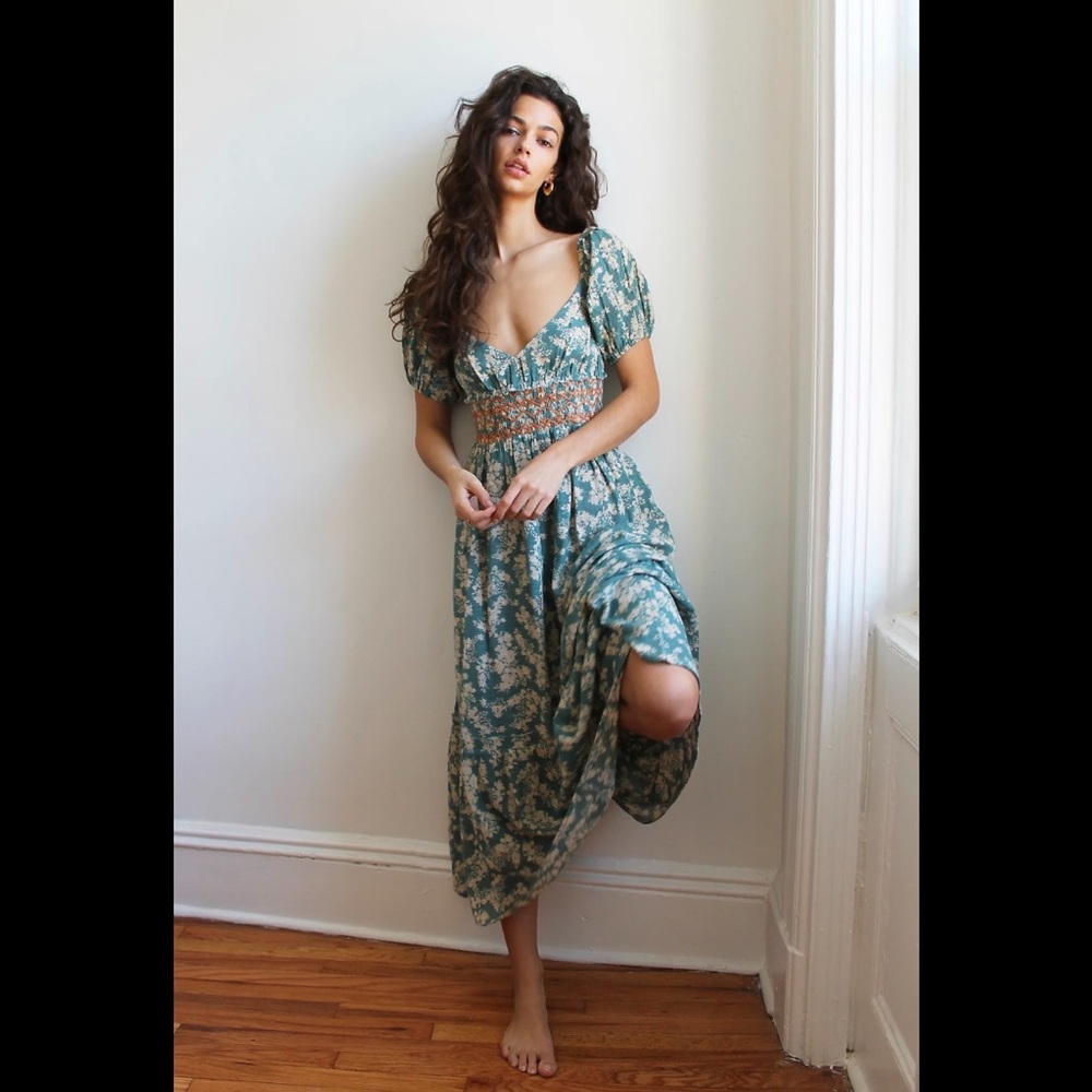 Free People Ellie Printed Maxi Tea Dress Green Large Smocked